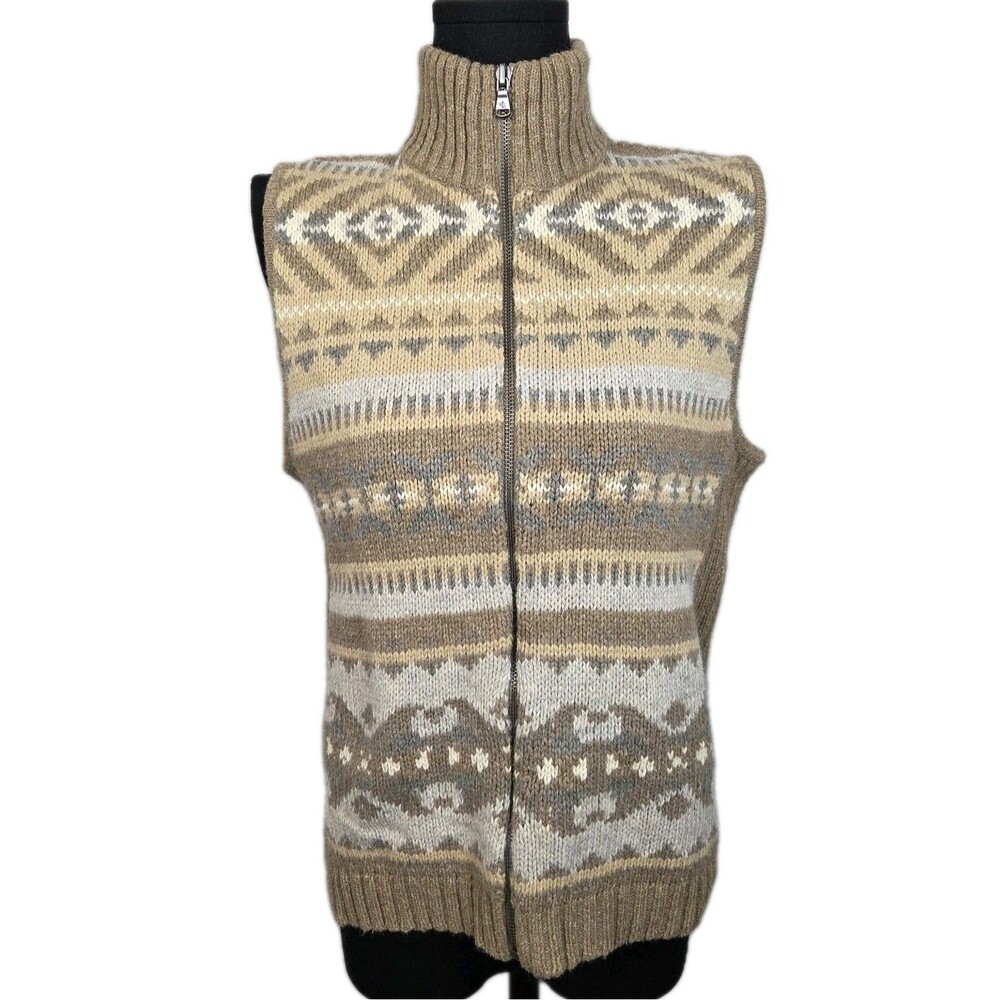 Vtg Lauren Ralph Lauren Womens Tan Fair Isle Full Zip Sweater Vest Size Medium